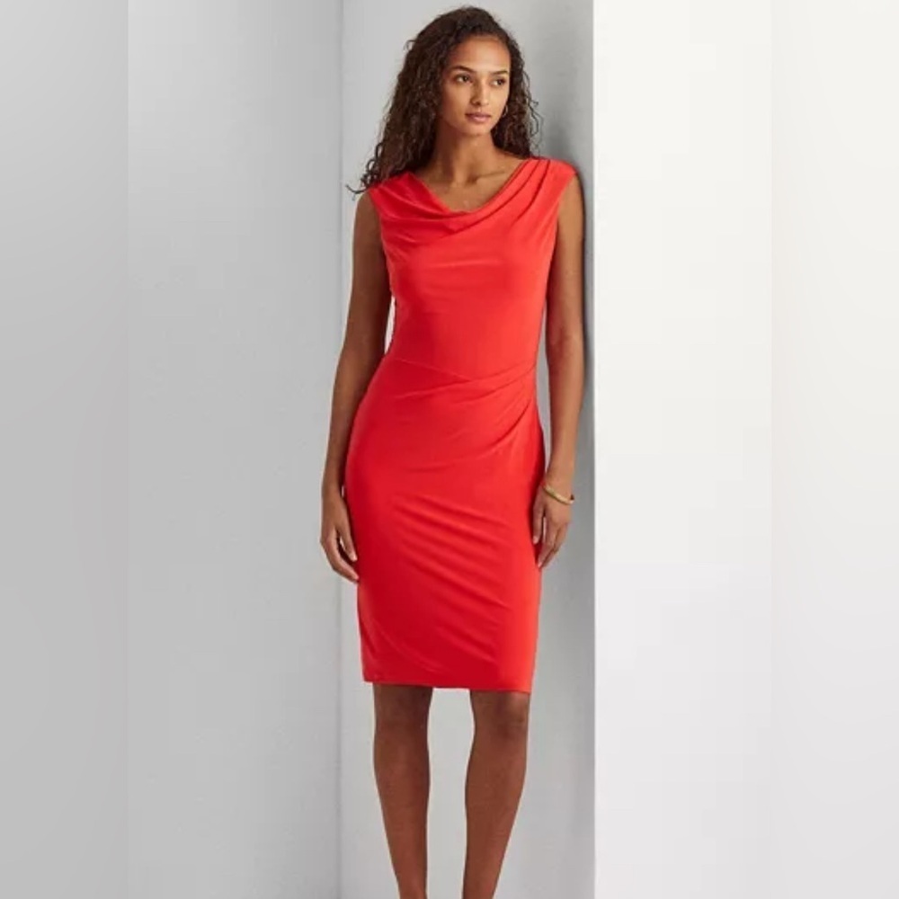 Lauren Ralph Lauren Coral Orange Draped Cowl Neck Stretch Jersey Dress Size 6P
